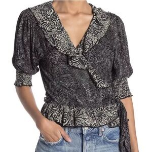 Free People Women's Size XS Black Olivia Ruffle Printed Wrap Top NEW.   70